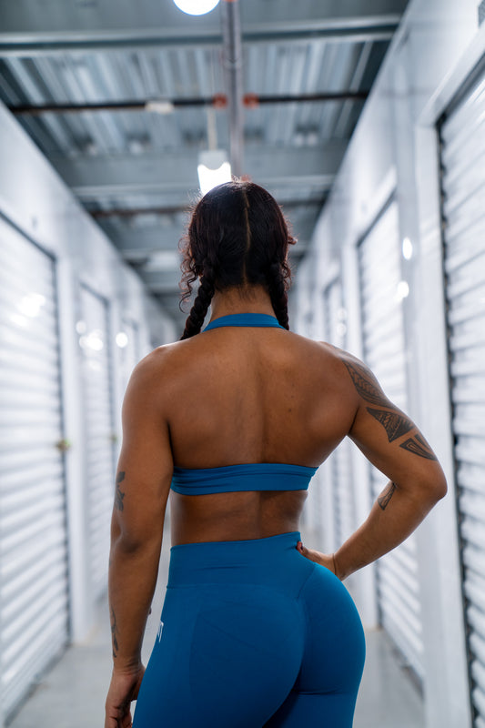 teal velocity halter bra
